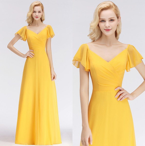 Chiffon Long Bridesmaid Dresses Cap Sleeves Ruched Floor Length Wedding Guest Party Maid Of Honor Evening Dresses BM0037