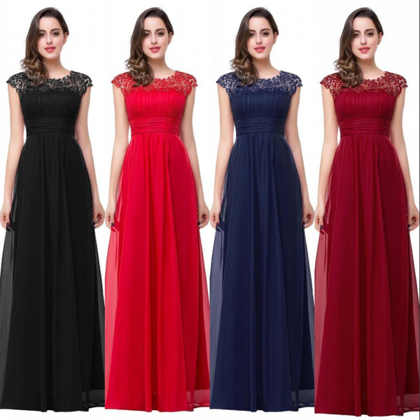 New Arrival 2017 Cheap Bridesmaid Dresses A Line Cap Sleeves Lace Appliqued Chiffon Long Formal Party Evening Dresses CPS261