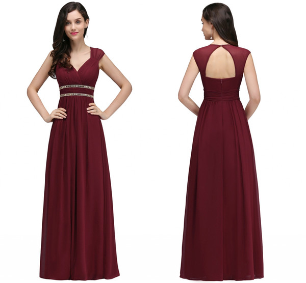 2018 Burgundy New Designer Bridesmaid Dresses Long Cap Sleeves A Line Chiffon Formal Evening Gowns with Crystal Wedding Guest Dresses CPS725