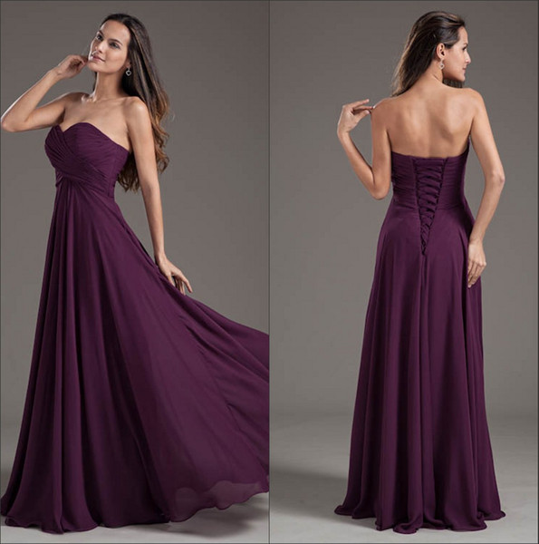 Purple Chiffon Long Bridesmaid Dresses Sweetheart Ruched Empire Floor Length Formal Wedding Guest Maid Of Honor Dresses With Lace Up ZPT126