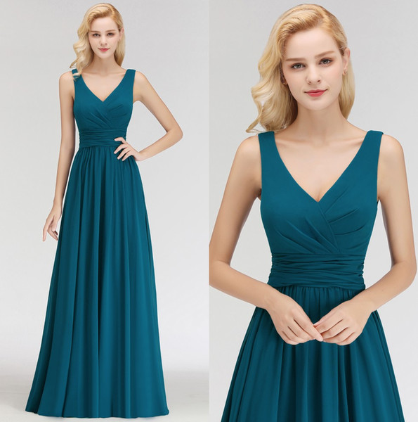 New V Neck Chiffon Long Bridesmaid Dresses Ruched Floor Length Wedding Guest Maid of Honor Formal Party Dresses BM0034