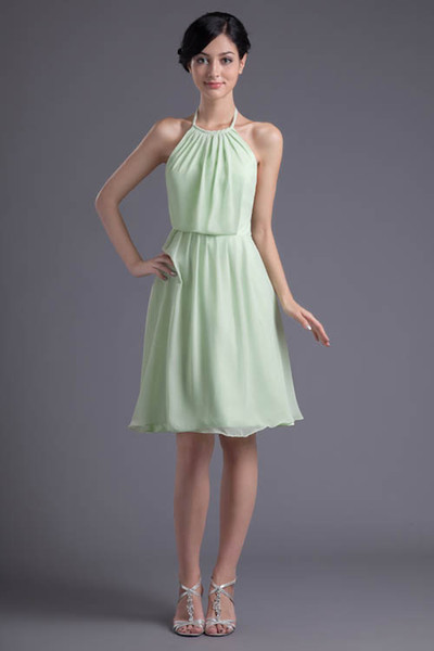 Halter Chiffon Short Bridesmaid Dresses Backless Knee Length Empire Formal Wedding Guest Maid Of Honor Cocktail Dresses ZPT024