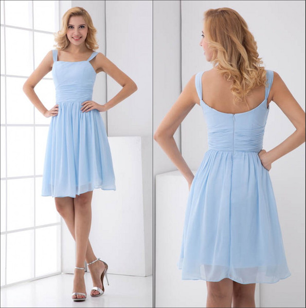 Spaghetti Straps Chiffon Short Bridesmaid Dresses Light Sky Blue Knee Length Formal Wedding Guest Maid Of Honor Cocktail Dresses ZPT190