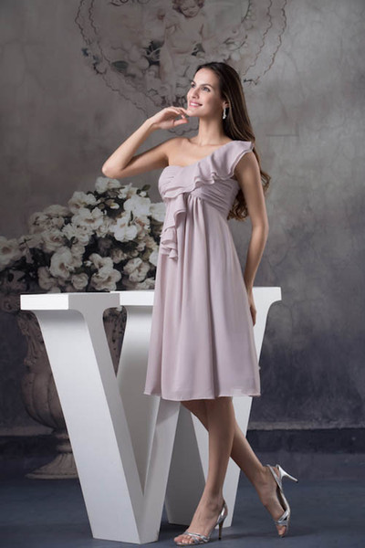 One Shoulder Chiffon Short Bridesmaid Dresses Ruched Knee Length Ruffles Empire Formal Wedding Guest Maid Of Honor Dresses WD4-610
