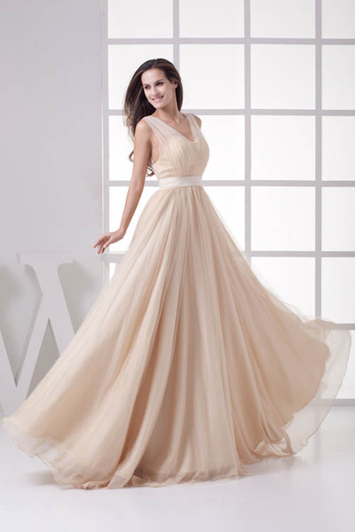 V Neck Tulle Long Bridesmaid Dresses Ruched Floor Length Formal Backless Wedding Guest Maid Of Honor Dresses WD4-497