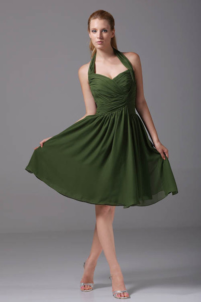 Halter Chiffon Short Bridesmaid Dresses Ruched Knee Length Backless Formal Wedding Guest Maid Of Honor Dresses WD4-093