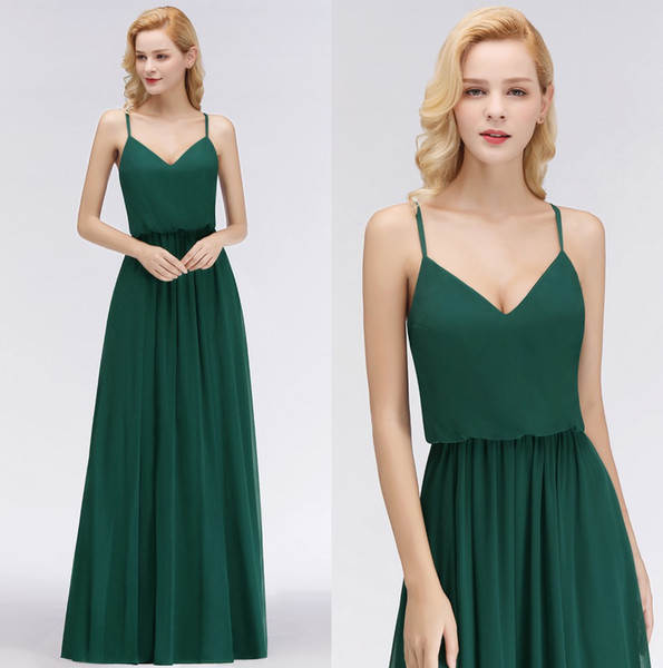 Dark Geen Spaghetti Straps Chiffon Bohemia Long Bridesmaid Dresses Ruched Floor Length Wedding Guest Maid of Honor Dresses BM0032