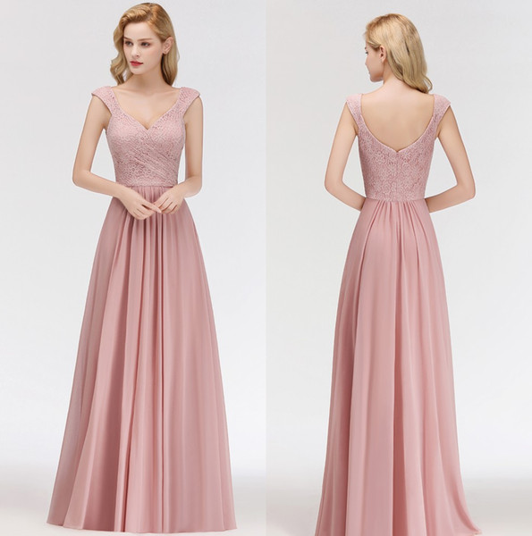 Cap Sleeve Chiffon Long Bridesmaid Dresses Lace Top Ruched Floor Length Wedding Guest Maid of Honor Party Dress 100% Real Image BM0055