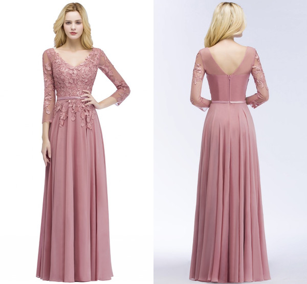 New V Neck Dusty Pink Chiffon Bridesmaid Dresses With Sash 3/4 Long Sleeves Lace Appliqued Long Maid of Honor Gowns Cheap cps911