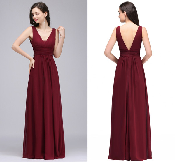 2018 New Cheapest Burgundy Chiffon Designer Bridesmaid Dresses Simple Modest V Neck Maid of Honor Gowns For Wedding Cps730