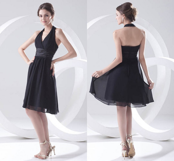 Black Simple Cheap Cheap Short A Line Bridesmaid Dresses Chiffon Halter Neck Formal Maid of Honor Dresses Wedding Guest Gowns ZPT214