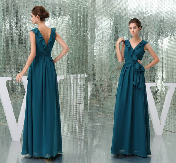 Hunter New Actual Pictures A Line Bridesmaid Dresses Chiffon V Neck Ruffles Floor Length Maid of Honor Dresses Wedding Guest Gowns WD5-037