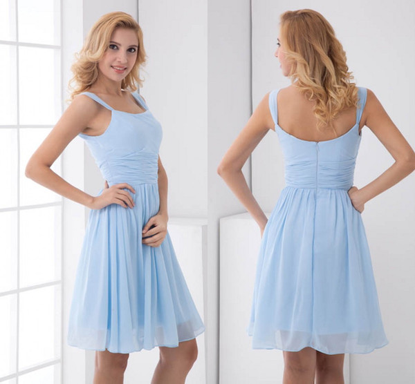 Ice Blue Simple Cheap Cheap Short A Line Bridesmaid Dresses Chiffon Spaghetti Straps Formal Maid of Honor Dresses Wedding Guest Gowns ZPT190