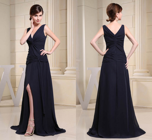 V Neck Black High Side Split Cheap Actual Pictures Chiffon Bridesmaid Dresses Floor Length Maid of Honor Dresses Wedding Guest Gowns WD3-043
