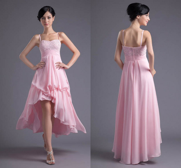 Pink Beads Simple Cheap Long Hi-Lo Bridesmaid Dresses Chiffon Spaghetti Pleats Formal Maid of Honor Dresses Wedding Guest Gowns ZPT025