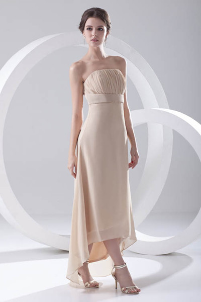 Champagne Pleats Chiffon Cheap Long A Line Bridesmaid Dresses Strapless Hi-Lo Formal Maid of Honor Dresses Wedding Guest Gowns ZPT227