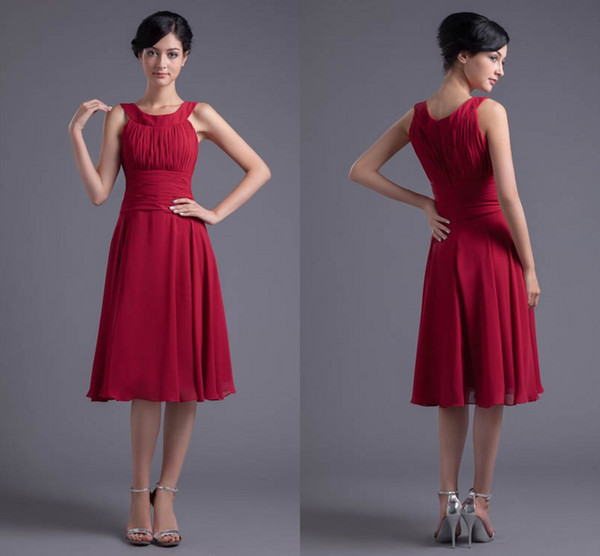 Dark Red Simple Cheap Short A Line Bridesmaid Dresses Chiffon Jewel Neck Formal Maid of Honor Dresses Wedding Guest Gowns ZPT147
