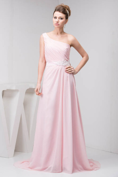 Pink One Shoulder Chiffon Cheap Long A Line Bridesmaid Dresses Zipper Back Formal Maid of Honor Dresses Wedding Guest Gowns WD4-1143
