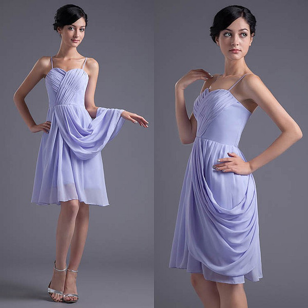 Arabic Chiffon Short Bridesmaid Dresses Lilac Spaghetti Straps Evening Party Gowns Country Style Pleats Maid Of Honor Cocktail Dress ZPT143