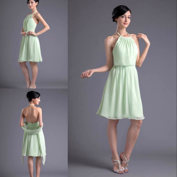 Simple Cheap Sage Short Sexy Bridesmaid Dresses Halter Neck Chiffon Formal Maid of Honor Dresses Wedding Guest Gowns ZPT024