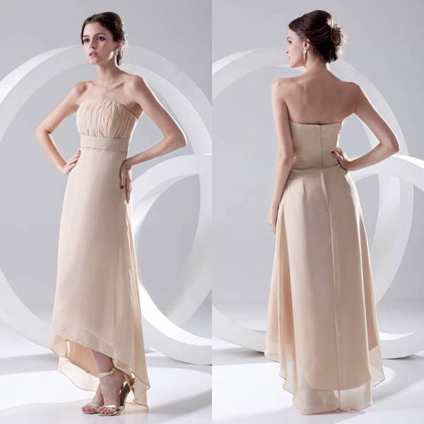 Nude Strapless Hi-low Simple Bridesmaid Dresses High-Waist Pleats Ruched Wedding Guest Maid Of Honor Dress Evening Party Gowns ZPT227