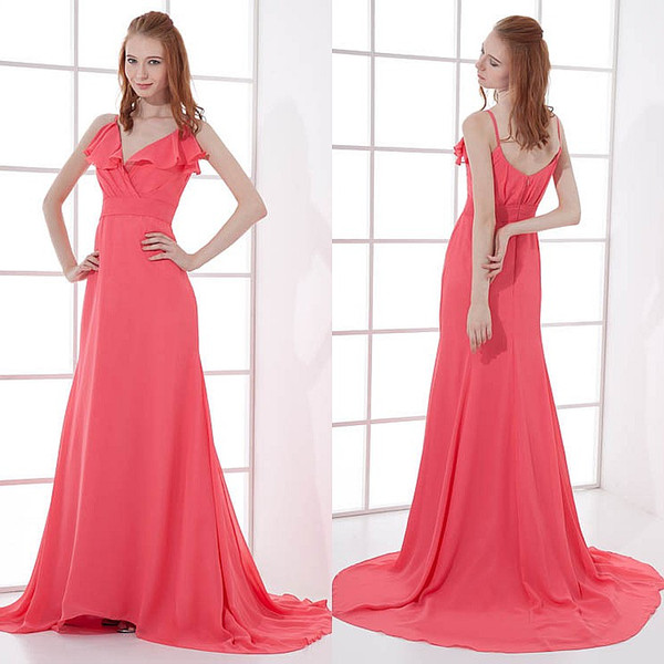 Watermelon Red Long Chiffon Bridesmaid Dresses Spaghetti Straps Ruffles Deep V-neck Wedding Guests Dresses Evening Party Gowns ZPT053