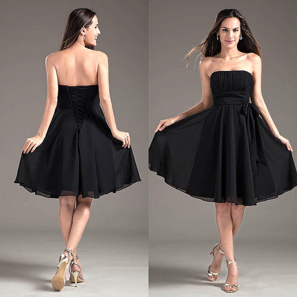 Strapless Little Black Dress Short Chiffon Bridesmaid Dresses Elegant Lace Up Knee-length Evening Gowns Wedding Party Cocktail Dress ZPT124