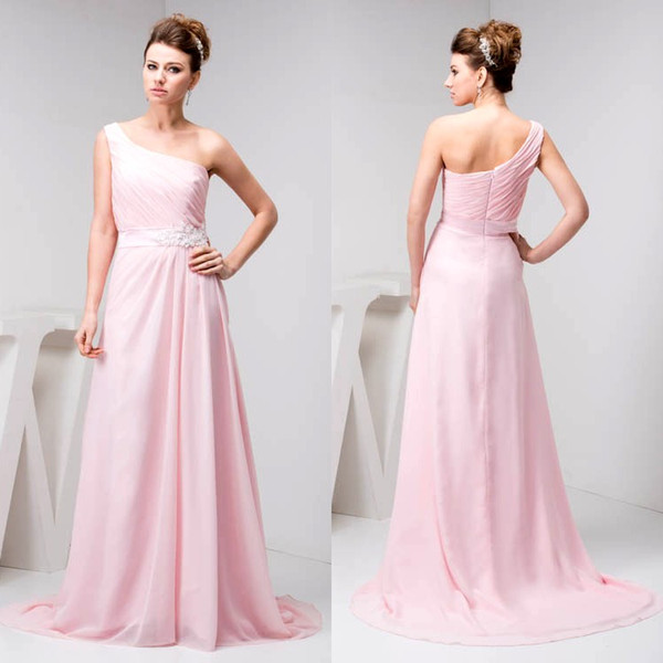 Pink One Shoulder Pleats Chiffon Bridesmaid Dresses for Wedding Beach Party Evening Gowns Sweep Train WD4-1143