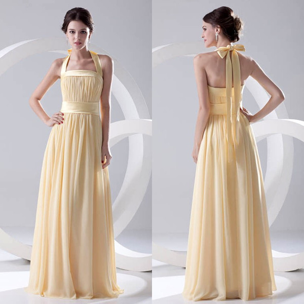 Yellow Cheap Chiffon Long Bridesmaid Dresses Halter Backless Evening Party Gowns Floor Length Maid of Honor Wedding Guest Dress ZP251