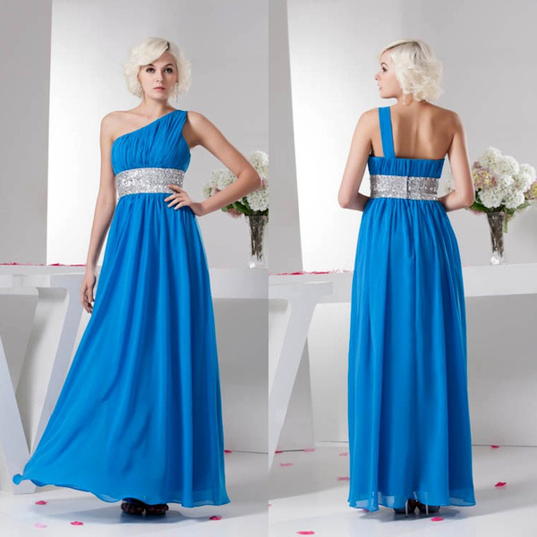 Blue Unique Bridesmaid Dresses One-Shoulder Ruched Pleats Sequined Maid of Honor Gowns Empire Waist Long Party Prom Wear WD4-1323