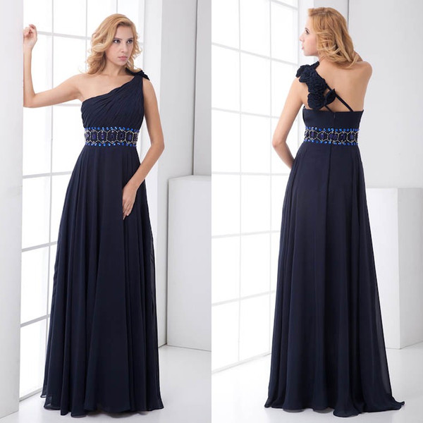 Navy Blue Cheap Chiffon Bridesmaid Dresses One Shoulder Beads Maid of Honor Wedding Guest Gowns High Waist Cheap Long ZPT202