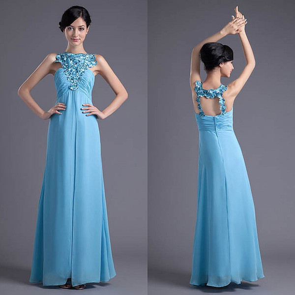 Bateau Long Chiffon Bridesmaid Dresses For Wedding Party Sky Blue Ethnic Embroidery Maid of Honor Gowns Formal Evening Dress ZPT026