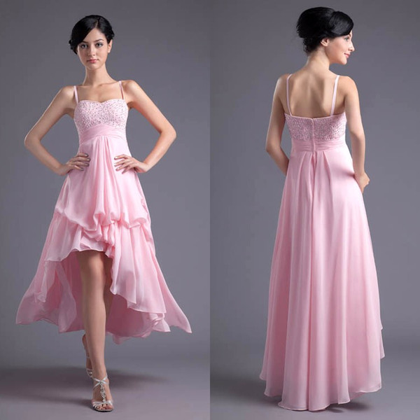 Pink Spaghetti Strap Summer Chiffon Bridesmaid Dresses Beaded Hi-low Ruffles Sequined Dresses Cocktail Party Gowns ZPT025