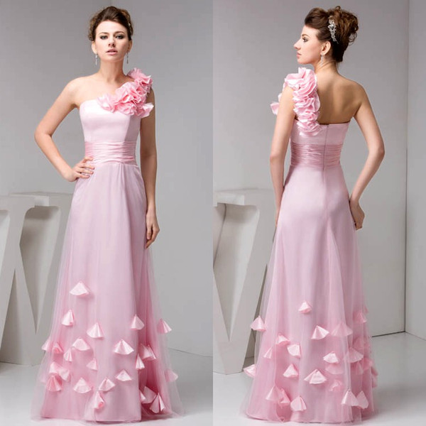 Pine New Long Bridesmaid Dresses One Shoulder Tulle Prom Dresses 3D Floral Ruffles Ruched Floor Length Wedding Guests Gowns WD4-1204