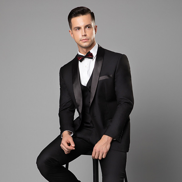 Black Formal Bridegroom Mens Best Mens Groom Wedding Tuxedos Suits Shawl Lapel One Button Three Piece Blazer Suits