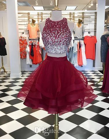 Real Photos Short Burgundy Prom Dress Two Pieces Cheap Bling Beaded Bodice Ruffles Skirts Homecoming Party Dresses Gowns Formal