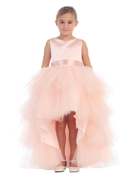 Cute Blush Pink Designer Kids Dresses Tulle Short Front Long Back Jewel Neck Belt Formal Wear Girls Party Gowns Wholesale