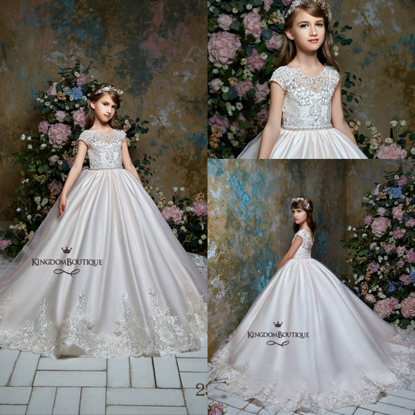 Princess Satin Long Designer Kids Formal Flower Girl Dresses Cap Sleeves Appliqued Jewel Neck Ball Gown Girls Pageant Gowns