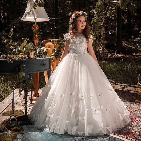 New Arrival Pageant Dresses for Girls O-neck Beading Ball Gowns Chapel Train Flower Girls Butterflies Princess Wedding Dresses