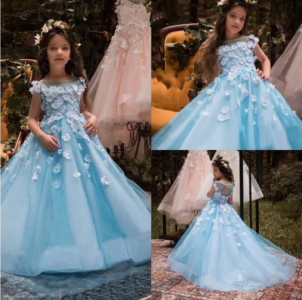 lovely Princess Light Blue Flower Girls Dresses 3D Floral Appliqued Cap Sleeve Little Kids Festive party dress