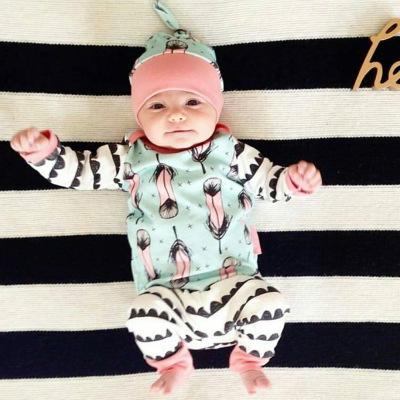 2018 children's clothing new boys feather printing hat long-sleeved T-shirt pants children's three-piece high-quality wholesale