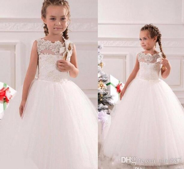 Christening Ball Gown Flower Girl's Dresses with pearl Scalloped Neck Full Length Princess Kids Gowns For Wedding Baby Gowns
