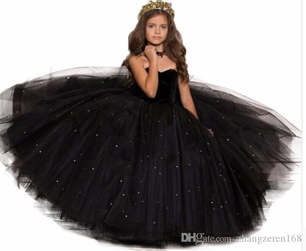 Long Black Flower Girl Dress Girls Party Ball Gown Sweetheart Sequined Tulle Kids Glitz Prom Dress