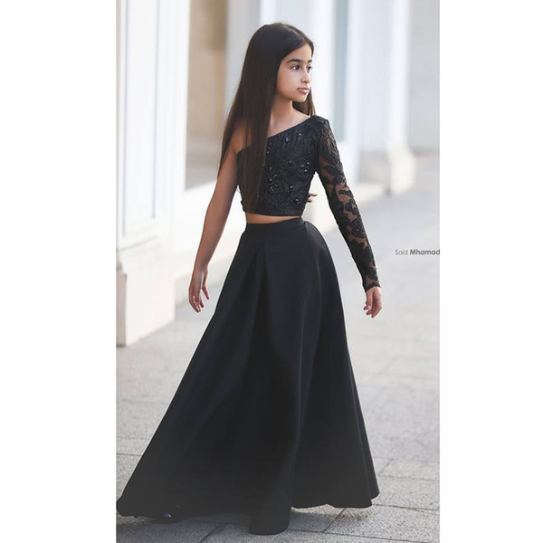 Black Lace Appliques Two Pieces Flower Girl Dresses One Shoulder One Long Sleeve Pageant Girl Dresses Kids Evening Gowns