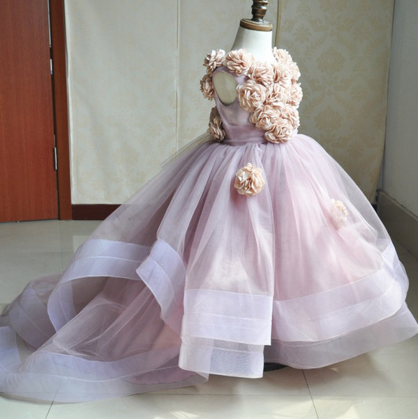 2017 Pink Tulle Ball Gown Flower Girls' Dresses With Hand Made Kids Birthday Party For Wedding communion dresses Little Girls Wear MC0203