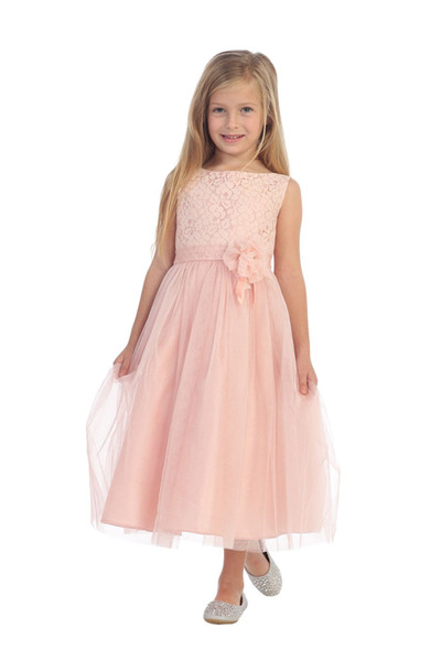 Blush Pink Designer Kids Dresses Tulle Bateau Neckline Flower Belt Ankle Length Lace Formal Wear Girls Party Gowns