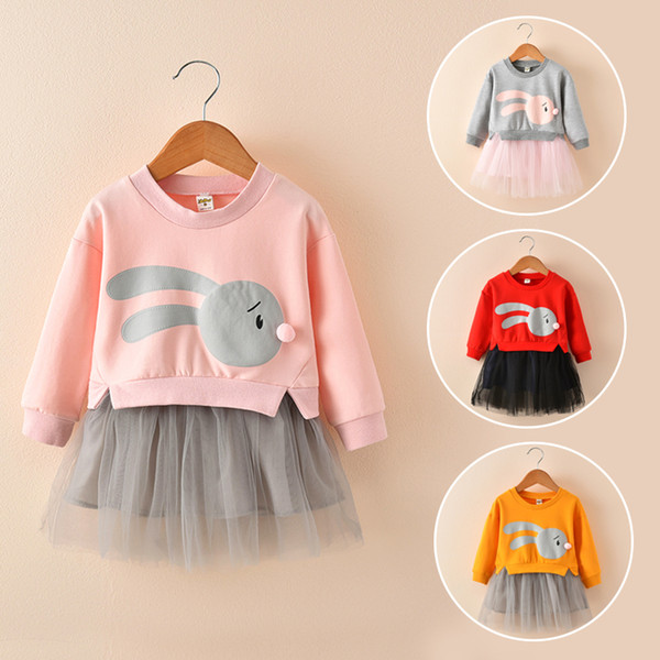 Cute Cotton Baby Girl Dress Flower Girl Dress Long Sleeve Cartoon Infant Princess Tutu Toddler Gowns Splicing Gauze Pageant Party Clothes