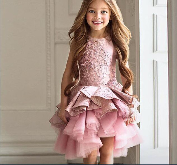 Real photos High quality Pink Princess Wedding Flower Girl's Dresses Tutu High Low Communion Girl's Birthday Gowns