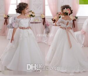 Ivory Half Sleeves Wedding Flower Girl Dresses Bling Sequins Lace Sash Off the Shoulder Tutu Kids Communion Dresses for Girls Pageant