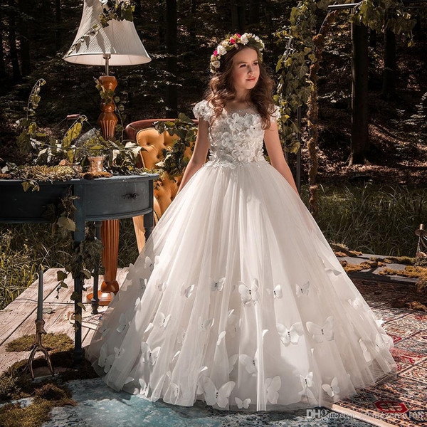 New Arrival Flower girl dress O-neck Beading Wedding Ball Gowns Chapel Train Flower Girls Butterflies Princess Pageant Dresses